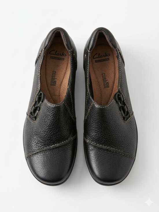 Clarks Shoes - Clarks Black Leather Slip-On Comfort Shoes